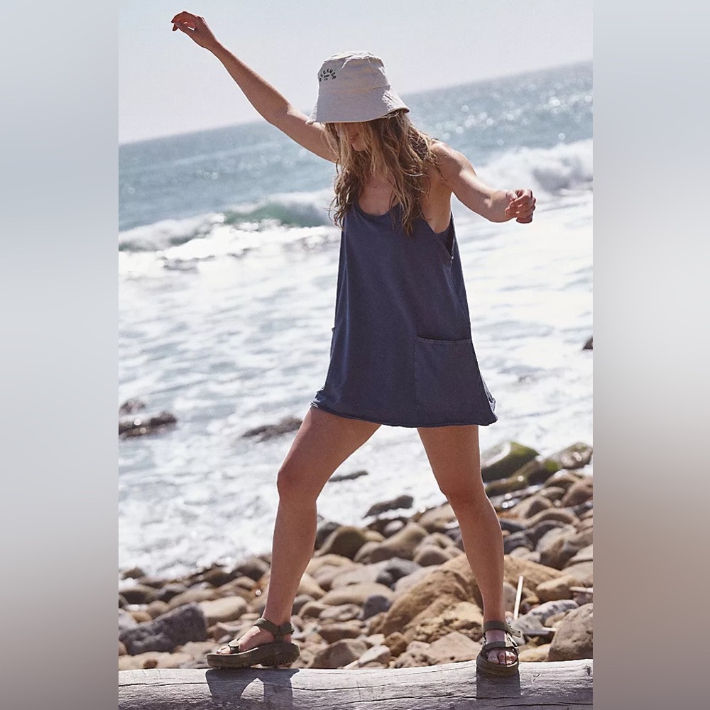 New FP Movement Free People Indigo Blue Hot Shot Mini Dress Romper Onesie sz M